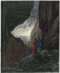 Enfer, chant 34 : Virgile et Dante montent vers le monde supérieur, illustration de la Divine Comédie de Dante Alighieri, 1885